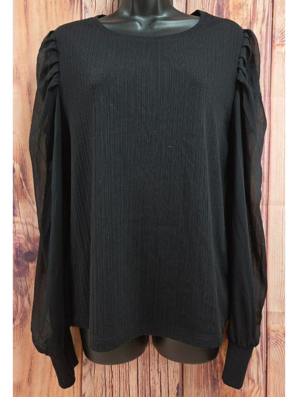 Nine West Black Ribbed Top Large - Sheer Ruched Sleeves